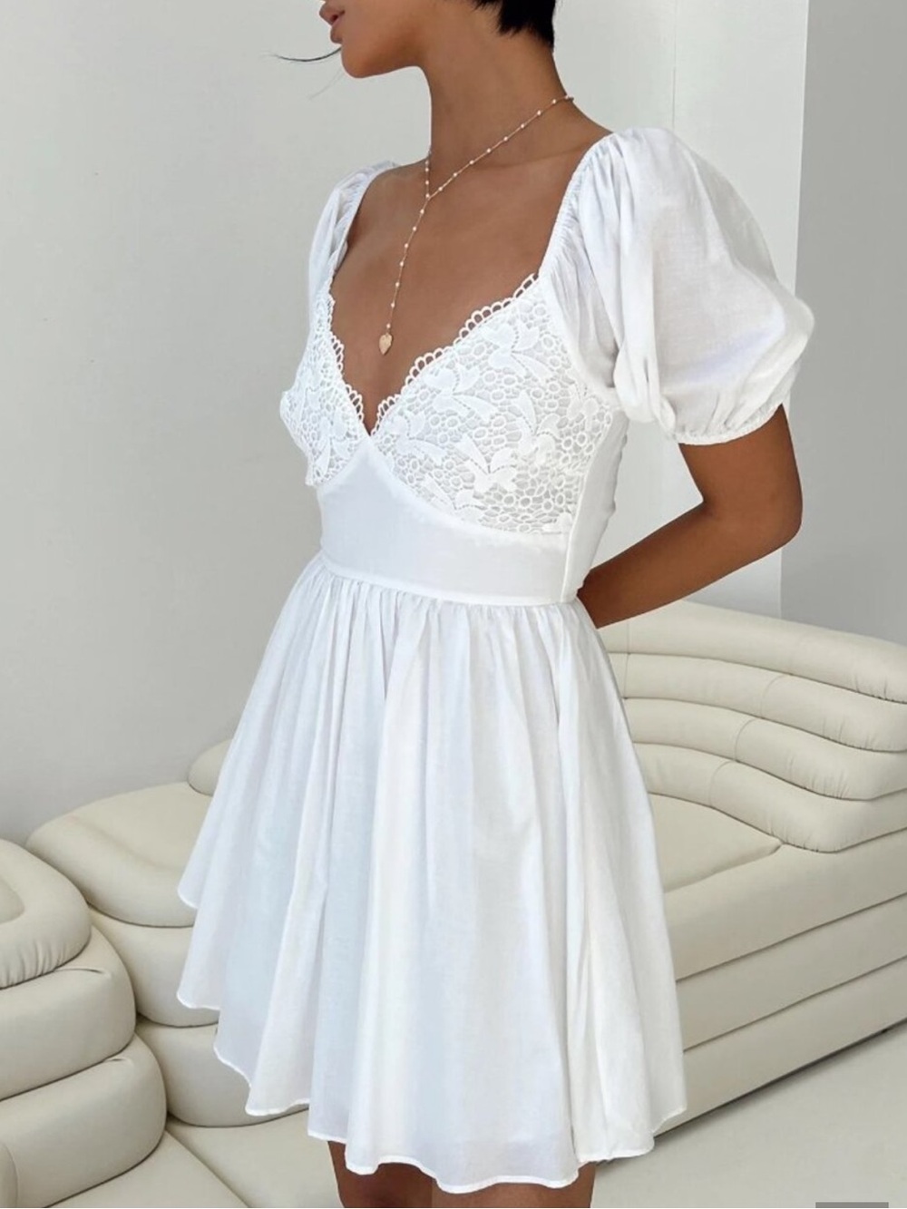 Princess Polly White Lace Bodice Puff Sleeve Mini Dress